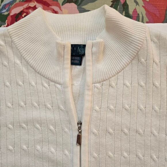 Astra Classic Womens White Cotton Cable Knit Full Zip Cardigan Sweater Small - Picture 6 of 12